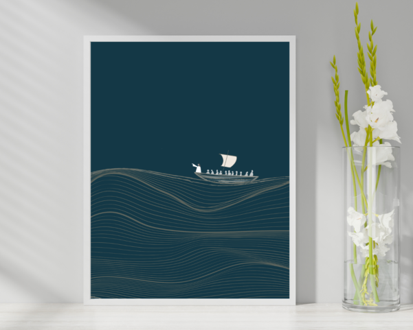 Empowering digital artwork depicting Jesus' mastery over the elements and calming the sea, inspired by Psalm 46:10