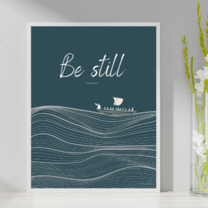 Bible drawing empowering digital artwork depicting Jesus' mastery over the elements and calming the sea, inspired by Psalm 46:10