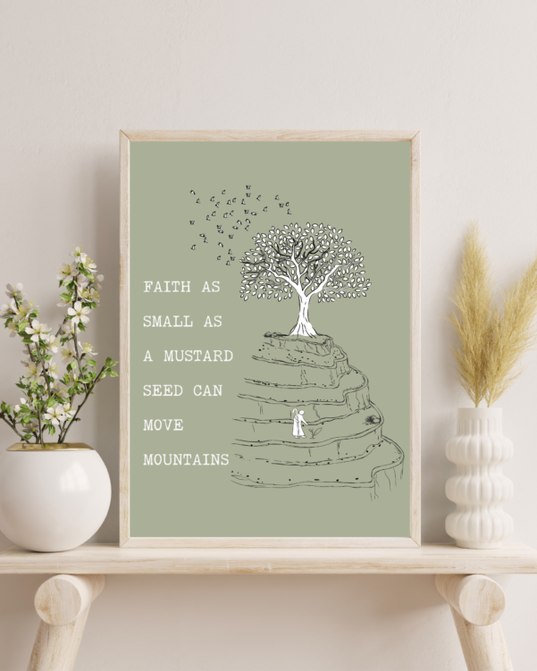 Engaging Christian art print symbolizing the potential within a tiny mustard seed.