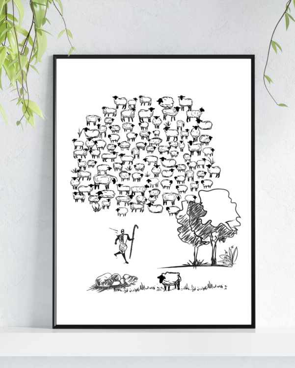 Minimalist digital wall decor portraying the comforting imagery of Jesus the Good Shepherd from John 10:1–21.