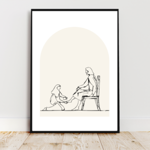 Minimalist digital depiction of the moment Jesus is anointed, conveying themes of forgiveness and reconciliation.