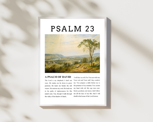 Captivating printable wall art showcasing Psalm 23, a powerful verse from the Bible, ideal for faith-inspired homes.