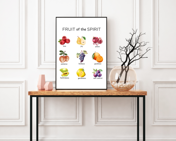 Vibrant artwork illustrating the Fruits of the Spirit: love, joy, peace, patience, kindness, goodness, faithfulness, gentleness, and self-control.