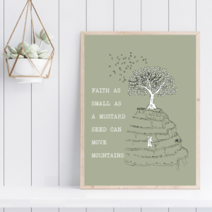 Christian Creativity and Minimalist design conveying the transformative power of faith like a mustard seed.