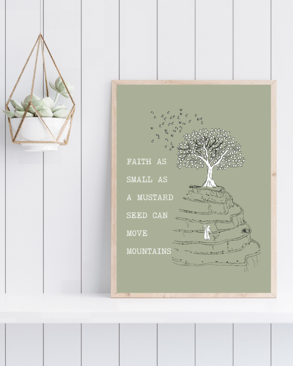 Christian Creativity and Minimalist design conveying the transformative power of faith like a mustard seed.