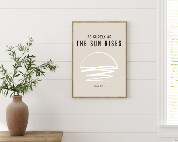 Minimalist artwork featuring sunrise with Hosea 6:3 verse.