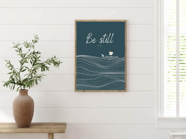 Colorful graphic design illustrating the message of Psalm 46:10