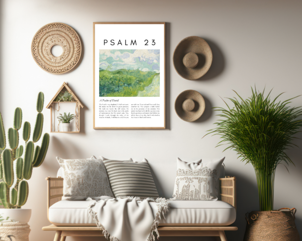 Enrich your walls with this beautiful Gospel Bible verse artwork, Psalm 23, a source of comfort and strength.