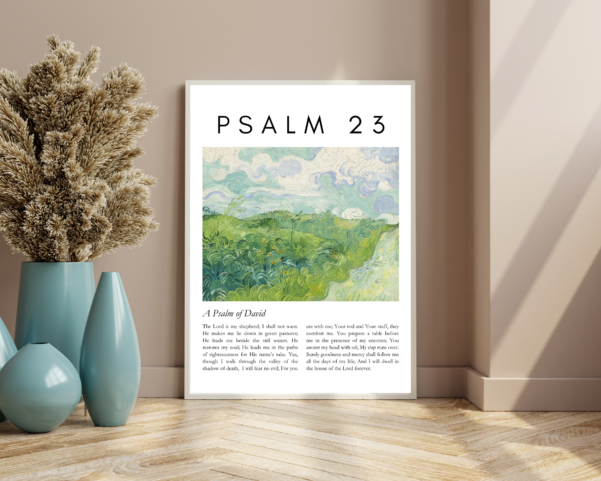 Psalm 23 Bible verse wall art featuring an elegant minimalist design, reminding believers of God's guidance and provision.