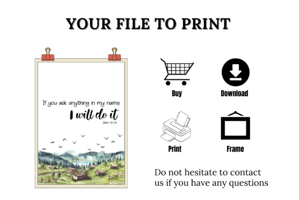 Inspiring printable art featuring John 14:14, serving as a source of encouragement and faith for believers