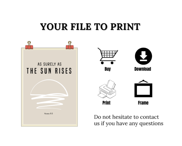 Vibrant print with Hosea 6:3, perfect for home or office.