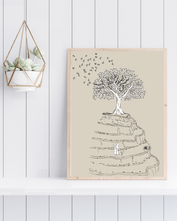 Mustard Seed Faith wall art featuring a growing mustard tree and birds in its branches, inspired by Matthew 17:20.