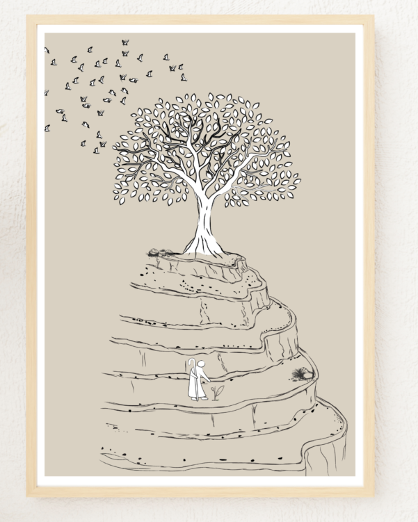 Minimalist Christian artwork illustrating the journey of a mustard seed growing into a mighty tree.