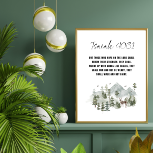 Christian typography artwork illustrating the promise that those who trust in the Lord will soar like eagles. Isaiah 40:31 Bible verse wall art