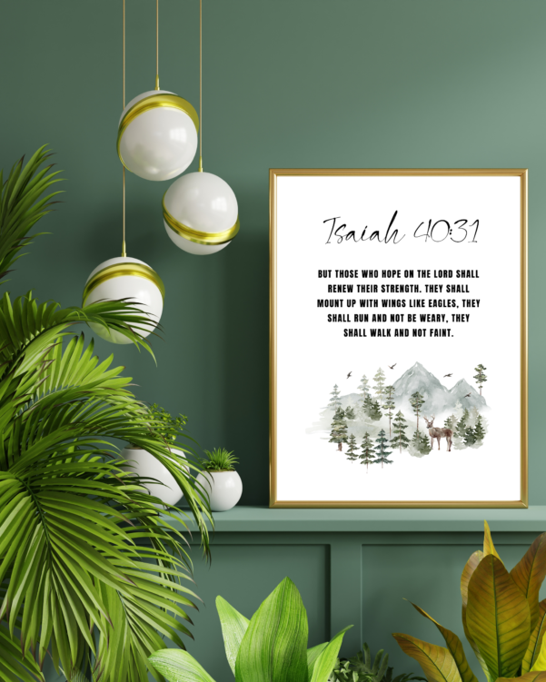 Christian typography artwork illustrating the promise that those who trust in the Lord will soar like eagles. Isaiah 40:31 Bible verse wall art