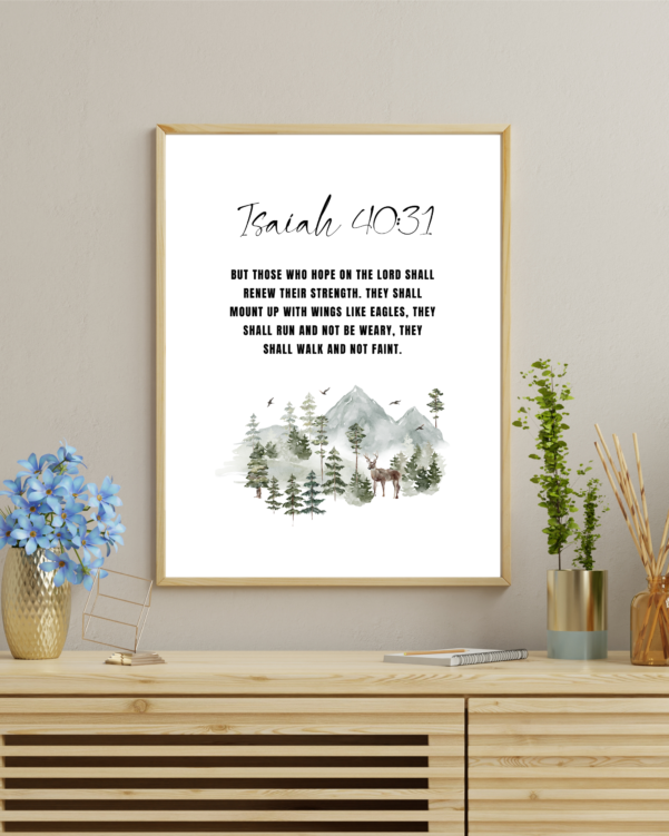Framed Isaiah 40:31 wall art displayed in a peaceful setting, inspiring confidence in God’s promises.
